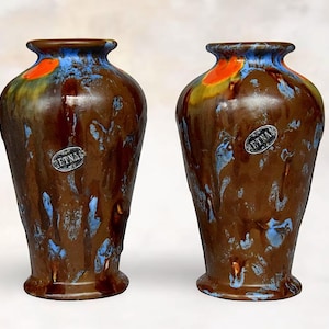 Art Deco Belgian "Faïencerie de Thulin" Ceramic "Drip Glaze" Faience Vases - "Etna" Series - Made in Belgium - Marked - (7 inch / 18 cm)