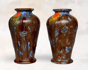 Art Deco Belgian "Faïencerie de Thulin" Ceramic "Drip Glaze" Faience Vases - "Etna" Series - Made in Belgium - Marked - (7 inch / 18 cm)