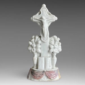 19th Century Small &quot;Jesus Christ Crucifix Altar&quot; Religious &quot;Pocket Shrine&quot; Hand Painted Porcelain Figurine - (3.75 inch / 9.5 cm)