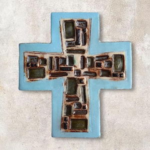 MCM "Brutalist" Abstract Relief Wall Cross - Religious Handmade Glazed Earthenware Ceramic Wall Hanging - (7.50 inch / 19 cm)
