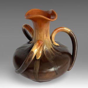 Rare Belgian Art Nouveau &quot;Thulin&quot; Ceramic Triple Handled Vase - Brown Orange Drip Glaze Faience - Belgium - Marked - (7.75 inch / 20 cm)