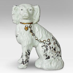 Antique &quot;English Staffordshire Seated Spaniel Dog&quot; Gilded Porcelain Ceramic Mantel Figurine - (7.50 inch / 19 cm)
