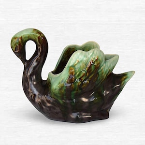 Belgian Art Deco Ceramic Drip Glaze "Swan" Pincushion / Planter / Figurine - by Faïencerie de Thulin - Belgium - Marked 929 - (5" / 13 cm)