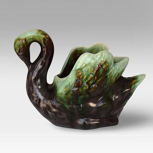 Belgian Art Deco Ceramic Drip Glaze &quot;Swan&quot; Pincushion / Planter / Figurine - by Faïencerie de Thulin - Belgium - Marked 929 - (5&quot; / 13 cm)