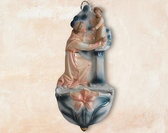 Rare 1890-1914 Art Nouveau "Saint Anthony of Padua With Child Jesus" Porcelain Holy Water Font - Jugendstil - Germany - (6.25 inch / 16 cm)