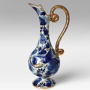 1934-1963 Belgian &quot;Hubert Bequet&quot; Pitcher - &quot;Bird of Paradise&quot; - Hand Painted Faience - Made in Quaregnon, Belgium - (14.50 inch / 37 cm)