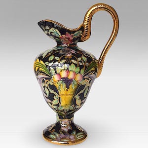 1934-1963 Belgian &quot;Hubert Bequet&quot; Pitcher - Renaissance Decor - Hand Painted Faience - Made in Quaregnon, Belgium - (10.75 inch / 27 cm)