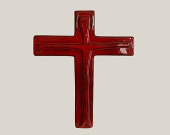 MCM Relief Glazed Wall Cross - Religious Earthenware Ceramic Wall Decor - Studio Pottery - (8.25 inch / 21 cm)