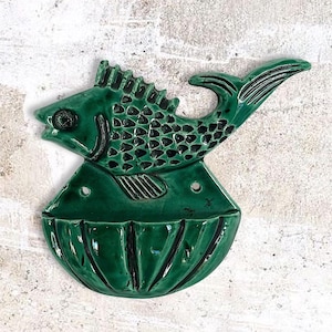 Rare MCM French "Wisques" Green Relief Faience Ceramic Holy Water Font - Saint-Paul de Wisques Abbey, France - Marked - (5.50 inch / 14 cm)