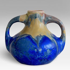 French Art Nouveau Crystalline Double Handled Vase - Abstract Drip Glaze Ceramic - Made in France - 1910s - 1920s - (6 inch / 15.5 cm)