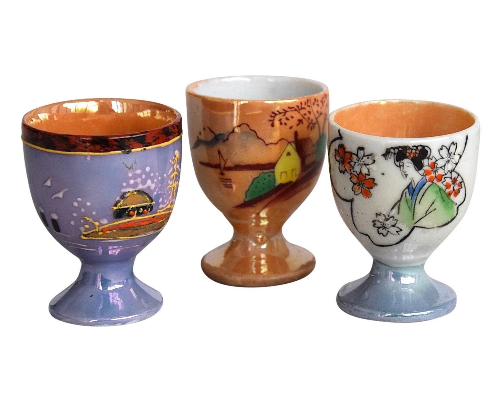 激安単価で (3) Set Japanese Hand Cups Egg Porcelain Lusterware Painted アンティーク雑貨