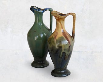 Rare Art Deco Belgian Small Pair Ceramic Drip Glaze Faience Handled Vases - Made in Belgium - (4.25 inch / 11 cm)