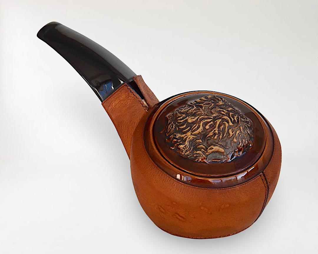 longchamp tobacco Leather Wrapped Two Pipe Set w/ Case Estate Briar Pipes, Unsmoked a foldover top with press Collector Vintage Longchamp France Tan