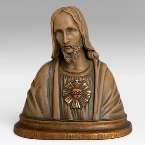 Antique Religious &quot;Jesus Christ With Sacred Heart&quot; Bust - Terracotta Sculpture - Signed by P. Balestra - Belgium - Marked - (7 inch / 18 cm)