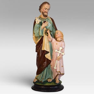 Art Deco &quot;Saint Joseph with Child Jesus&quot; Religious Chalkware Statue - Antique Home Altar - 1920s-1930s - (13.25 inch / 33.5 cm)