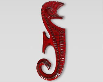 MCM &quot;Amphora&quot; Glazed Terracotta &quot;Seahorse&quot; Hand Painted Ceramic Wall Sculpture - Made in Belgium - Marked - (17.50 inch / 44.5 cm)
