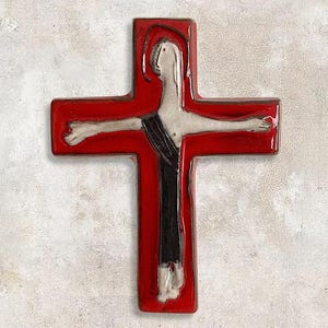 20th C. Modern Dutch Relief Wall Cross - Religious Glazed Earthenware Ceramic Wall Hanging - Potterie de Werf - Utrecht - (7 inch / 18 cm)