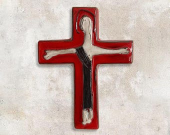20th C. Modern Dutch Relief Wall Cross - Religious Glazed Earthenware Ceramic Wall Hanging - Potterie de Werf - Utrecht - (7 inch / 18 cm)