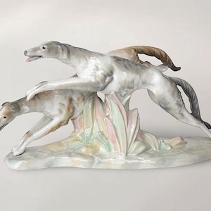 Rare Tang (Lladró) &quot;Greyhounds&quot; Porcelain Figurine - Hand Painted Pastel &quot;Borzoi Dogs&quot; Ceramic Statue - Made in Spain - (13.75 inch / 35 cm)