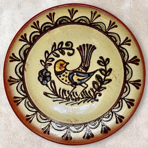 Folk Art - Transylvanian Earthenware Decorative Wall Plate - Hand Painted "Bird Scene" Ceramic Wall Hanging - Signed - (9.50 inch / 24 cm)