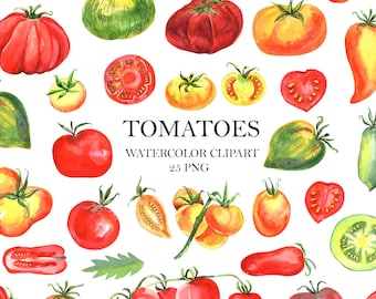 Watercolor Tomatoes Clipart, Green, Cherry Tomato, Vegetables, Vegetarian, Vegan, Farming, Digital Download, Healthy Food, Gardening