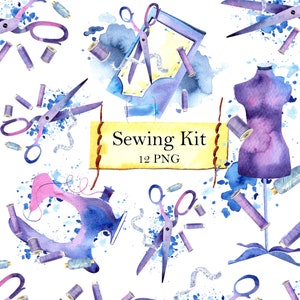 Watercolor sewing kit clipart. Dress form, sewing machine, needlework, stitching, scissors DIY clipart.  PNG files.