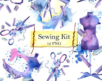 Watercolor sewing kit clipart. Dress form, sewing machine, needlework, stitching, scissors DIY clipart.  PNG files.