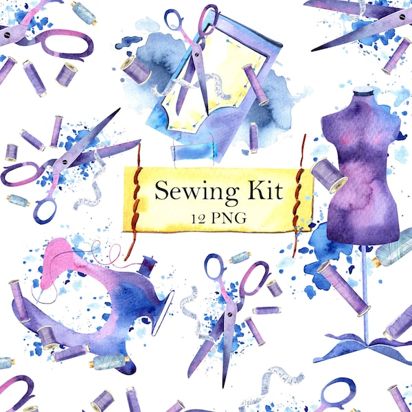 Kit de couture aquarelle clipart. Forme de robe, machine à coudre, travaux d’aiguille, coutures, ciseaux DIY clipart.  FICHIERS PNG.