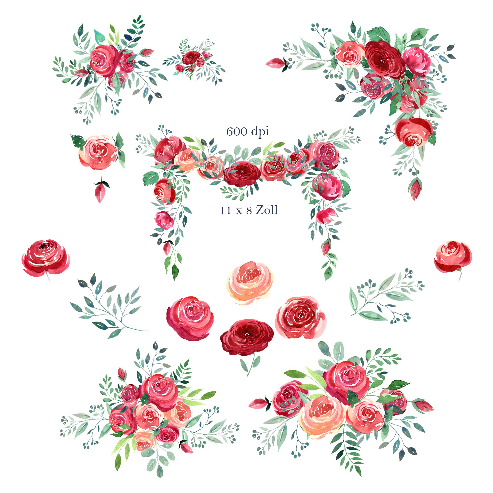 Watercolor Red Roses Floral Clipart, Mother's Day Card, Wedding ...