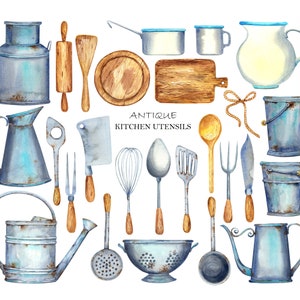 Utensilios de cocina antiguos, clipart de acuarela, madera, cosas viejas, tablones de madera, sartenes de hierro, cafetera, hervidor de agua, horneado, lechero, PNG digital