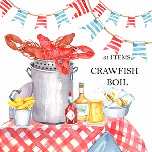 Seafood Crawfish Boil, Louisiana clipart, Shrimps, Fish, Beer, Squid Kitchen Watercolor Illustration, digital clip art, printable clipart