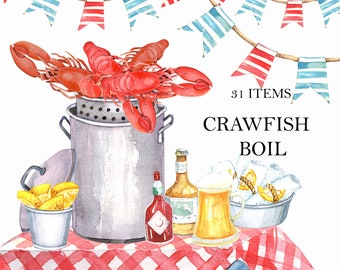 Seafood Crawfish Boil, Louisiana clipart, Shrimps, Fish, Beer, Squid Kitchen Watercolor Illustration, digital clip art, printable clipart