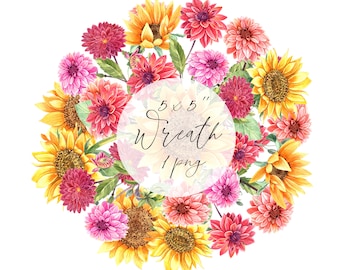 Watercolor dahlia sunflower floral bouquet wreath, autumn red, pink flowers, fall, wedding background, plant. Hand painted , PNG
