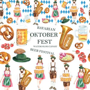 May include: Watercolor illustration featuring a Bavarian Oktoberfest theme. The design includes beer steins, pretzels, traditional clothing, musical instruments, and the text "Bavarian Oktoberfest". The artwork has a festive and celebratory feel.