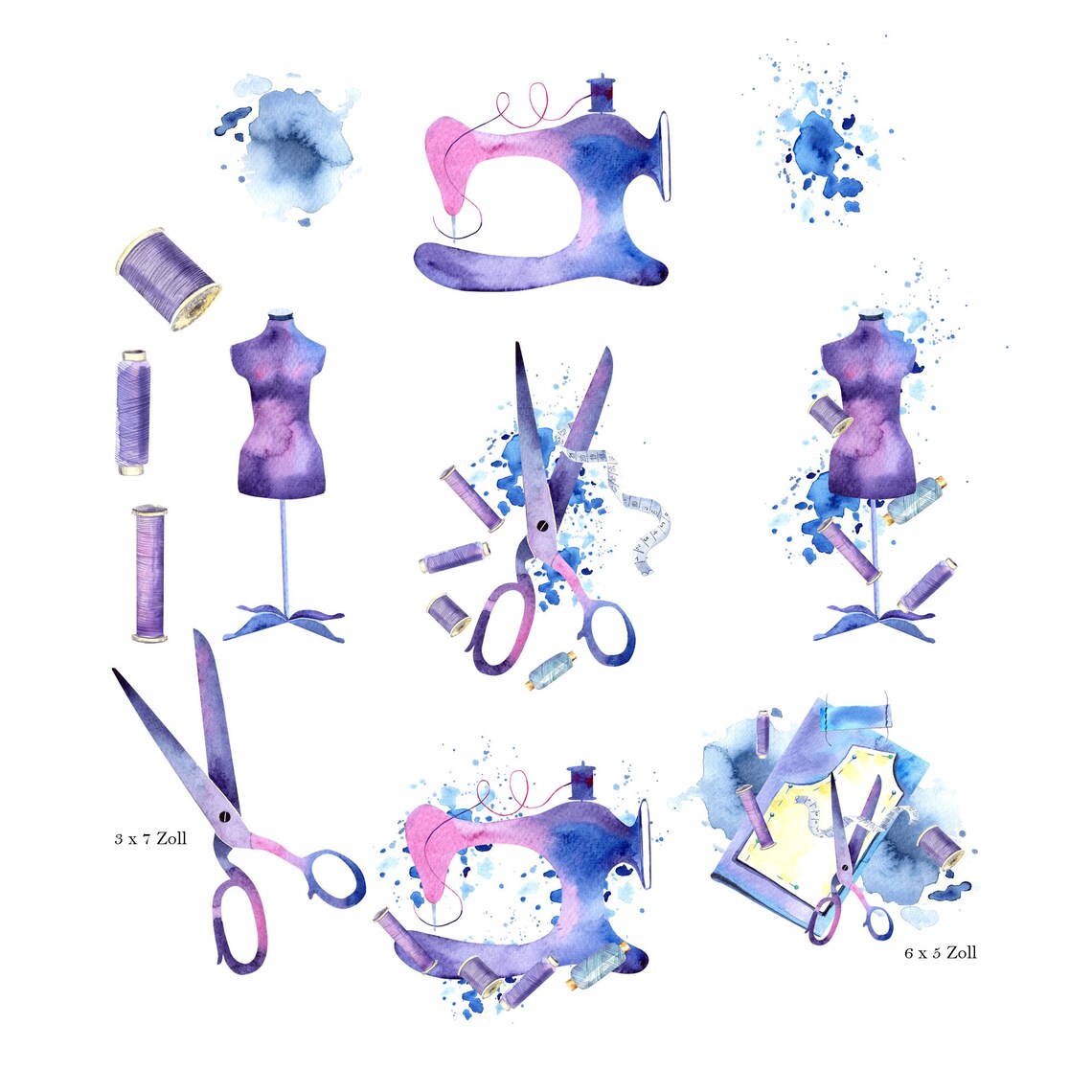 Watercolor Sewing Kit Clipart. Dress Form, Sewing Machine, Needlework ...