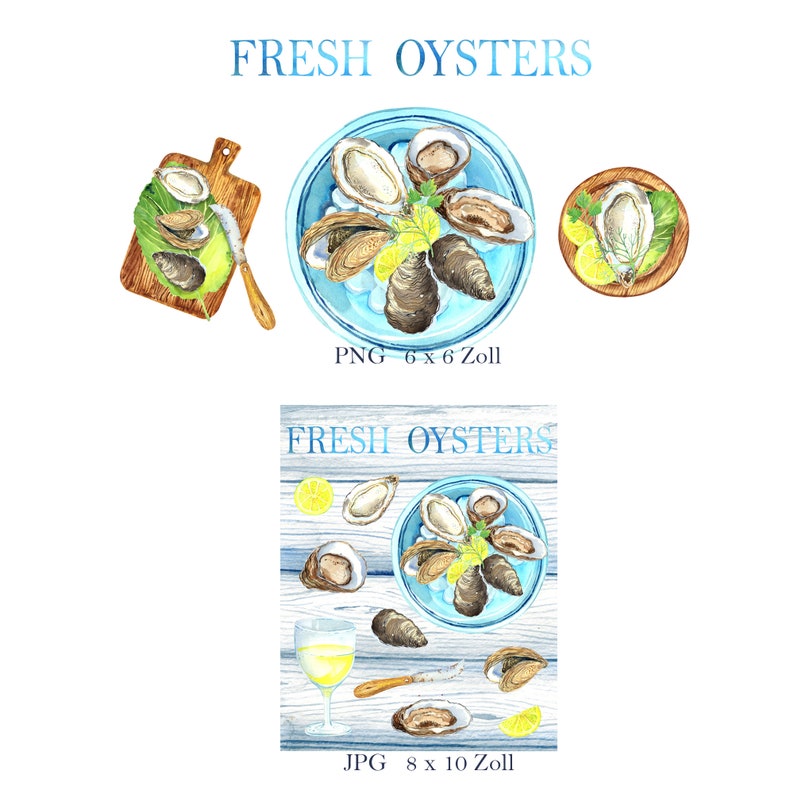 Watercolor seafood, oyster clipart, food clip art, digital PNG, printable poster image 2