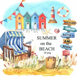 Könnte beinhalten: Aquarell-Illustration einer Strandszene mit bunten Strandhütten, einem gestreiften Strandstuhl, einem Leuchtturm, einem Seestern, einer Muschel, einem Rettungsring und einem Schild mit der Aufschrift "Willkommen, Ozean, Hotel, Bar, Strand". Die Illustration trägt den Titel "Summer on the Beach" und enthält den Text "26 png".