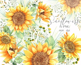 Sunflowers watercolor clipart, autumn bouquet composition, fall rustic wedding decor,  flowers png