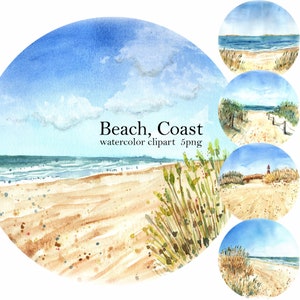 Ocean sea coast, sandy beach, road in the dunes, happy holidays, lighthouse, shell, watercolor Clipart, digital PNG, Instant Download