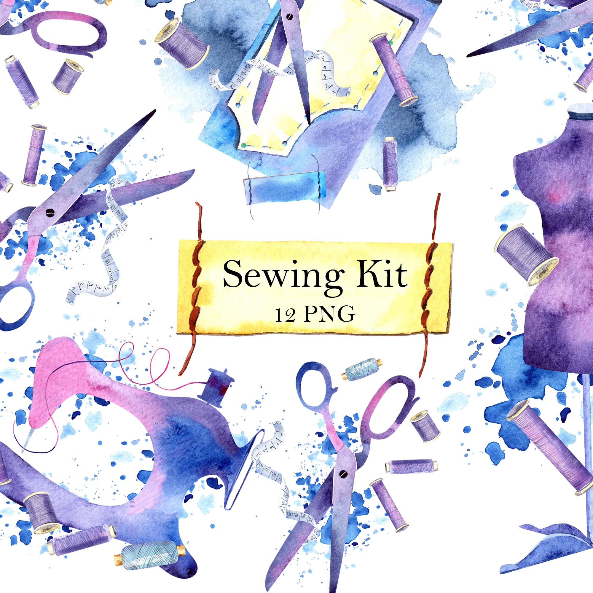 Watercolor Sewing Kit Clipart. Dress Form, Sewing Machine, Needlework ...