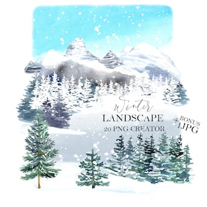 Watercolor Landscape creator, Winter forest tree clipart, woodland pine trees, mountain, wedding invitation, digital, PNG