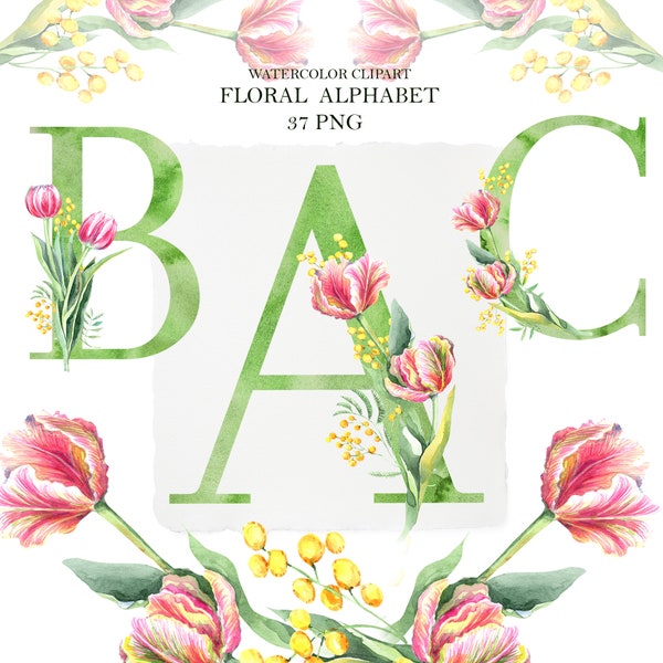 Watercolor Tulips, Mimosa Floral Alphabet, Embellished Letters Numbers, Clipart, PNG, Wedding Decor Monogram, Spring Clipart