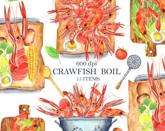 Crawfish Boil, Shrimps, Seafood Fish, Kitchen Watercolor Illustration, digital clip art, printable clipart