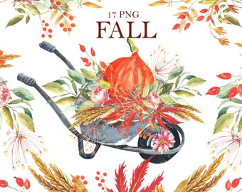 Pumpkin boho watercolor clipart, wheelbarrow, autumn bouquet composition, fall rustic wedding decor,  flowers png