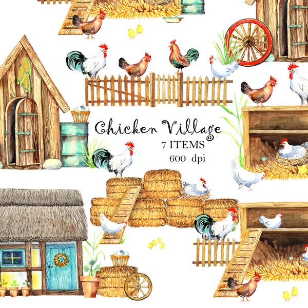 Watercolor Chicken Village Clipart, Farm Animals Clip art, Rooster, Hen, Bio Eggs, Coop, Chicks, Nest, Happy Chicken, Instant Download