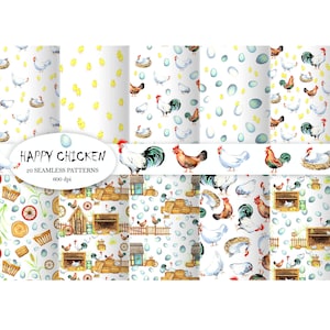 Papier numérique aquarelle poulets, clipart animaux de la ferme, coq, poule, œufs bio, poulailler, poussins, nid, poulet heureux, téléchargement immédiat
