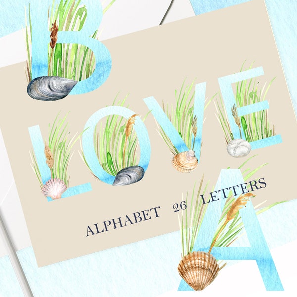 Watercolor Floral Alphabet, shell, beach, Embellished Letter Clip Art, Initial PNG Decor Monogram, Digital Download, Printable