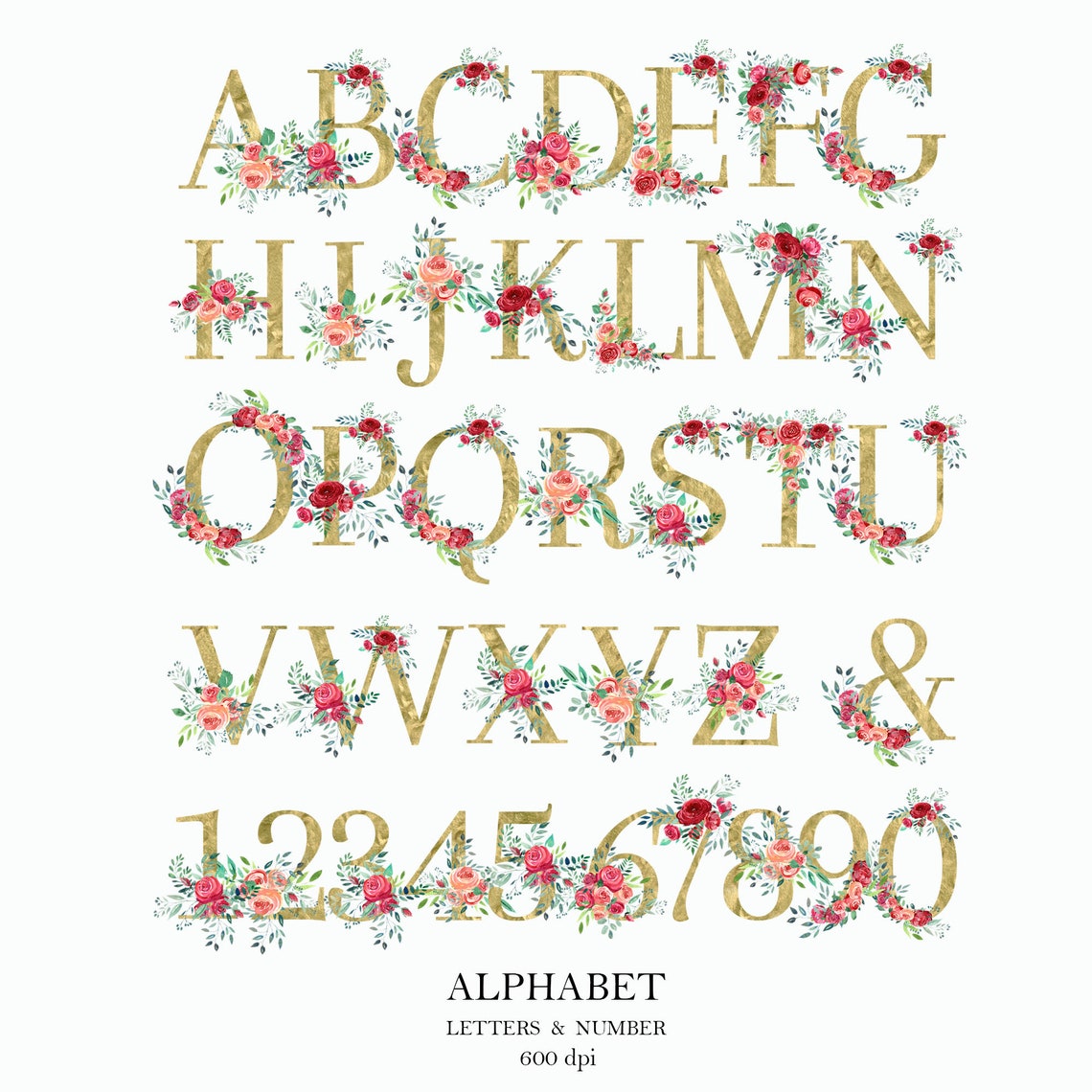 Aquarell Floral Alphabet, Gold verziert Buchstaben Zahlen, rote Rosen