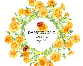 Watercolor dandelion wreath, ladybug, wild yellow flowers summer clipart, floral wedding, invitation, greeting card, blow balls