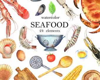Seafood, Shrimps, Fish, Crawfish Boil, Octopus, Squid Kitchen Watercolor Illustration, digital clip art, printable clipart